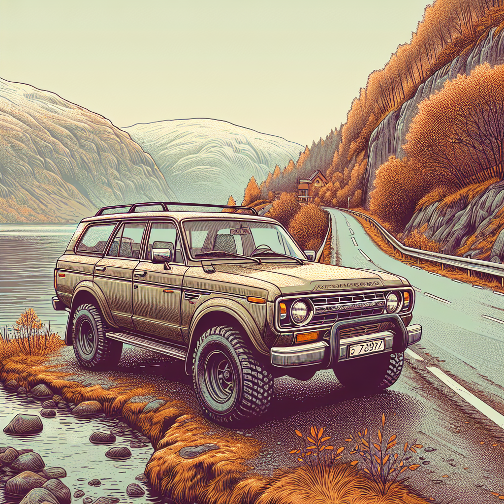 Norsk brukt SUV parkert ved en fjordvei om høsten, realistisk, høy detaljrikdom, fokus på karosseri og vinterdekk