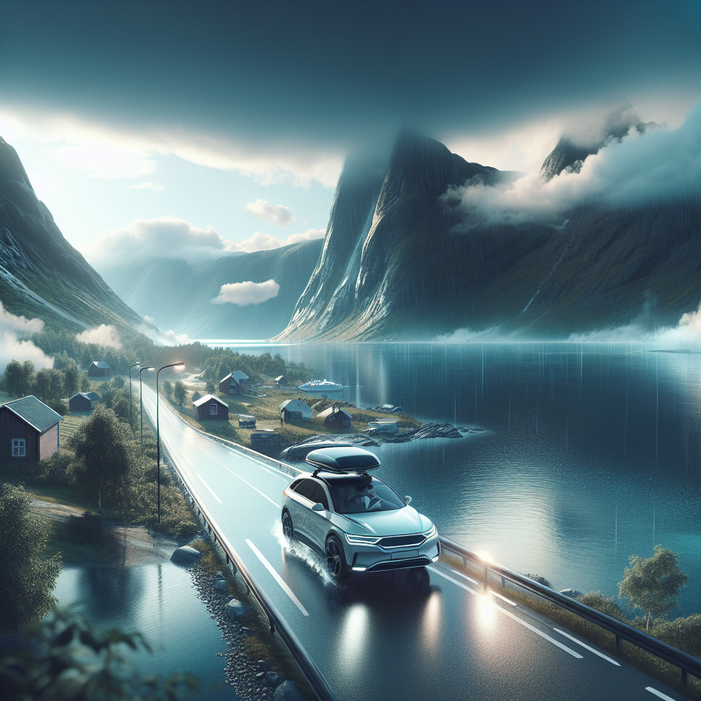 Moderne familiebil på norsk kystvei ved fjord, overskyet lys, trygg og romslig framstilling, realistisk stil