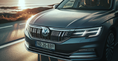 Norsk brukt sedan parkert ved kystveien i mykt lys, nærbilde av front og detaljer, moderne og realistisk fotografering