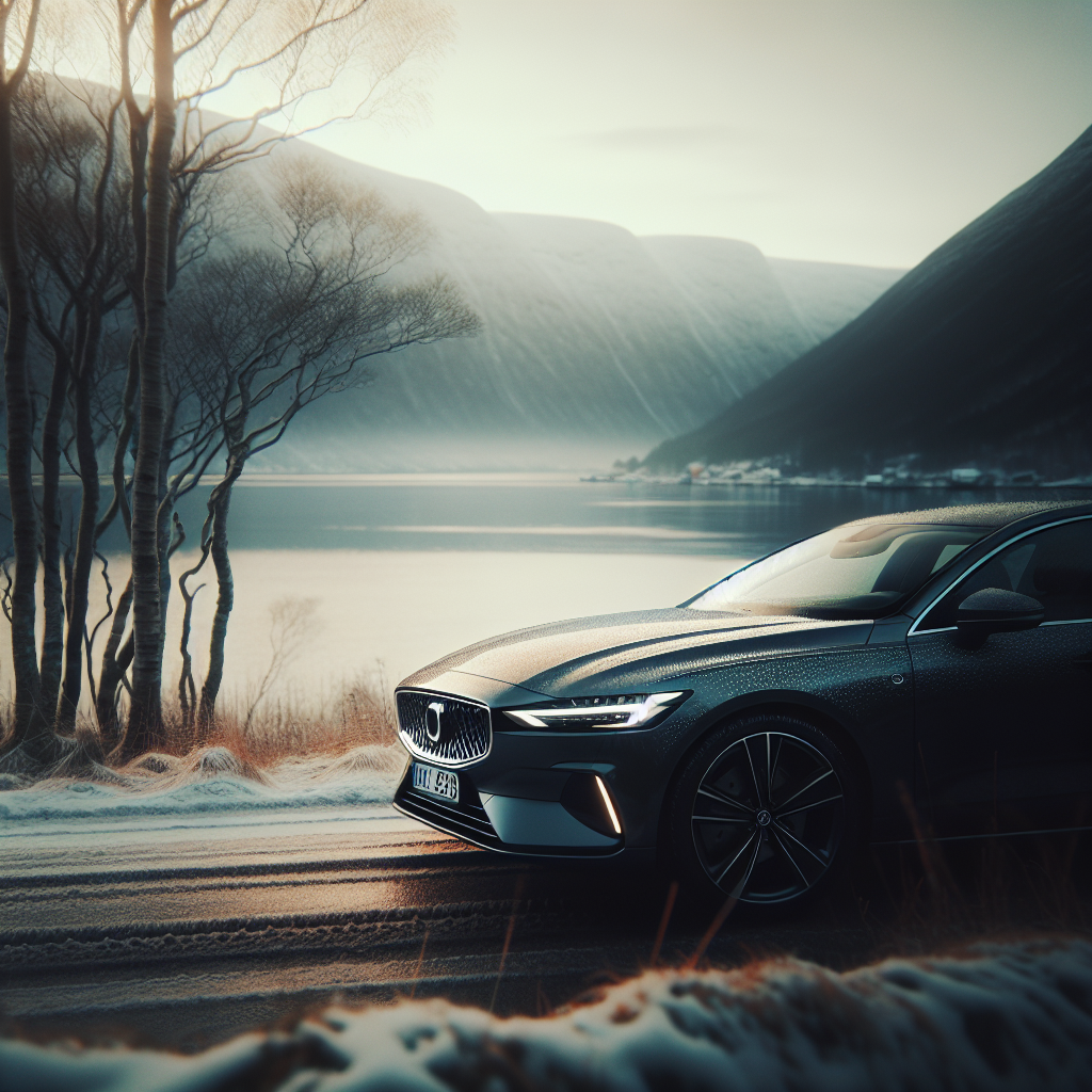 Moderne norsk sedan parkert ved fjord, mykt lys, vinterstemning, fokus på profil og interiørdetaljer