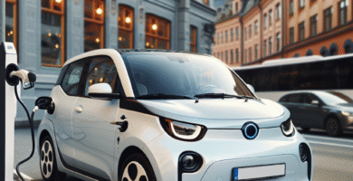 Nærbilde av en kompakt elbil parkert i en norsk bygate ved lading, nordisk dagslys, ren moderne stil