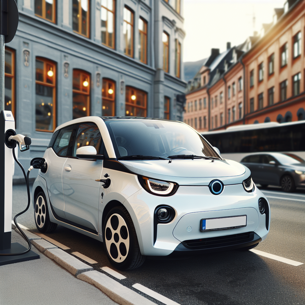 Nærbilde av en kompakt elbil parkert i en norsk bygate ved lading, nordisk dagslys, ren moderne stil