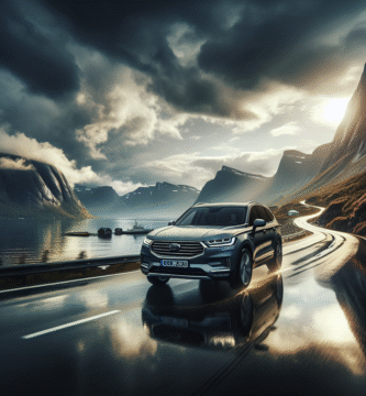 Norsk mellomklasse-SUV kjørende på svingete vei med fjell og fjord i bakgrunnen, vått speilblankt veiunderlag, dramatisk himmel, realistisk fotografisk stil