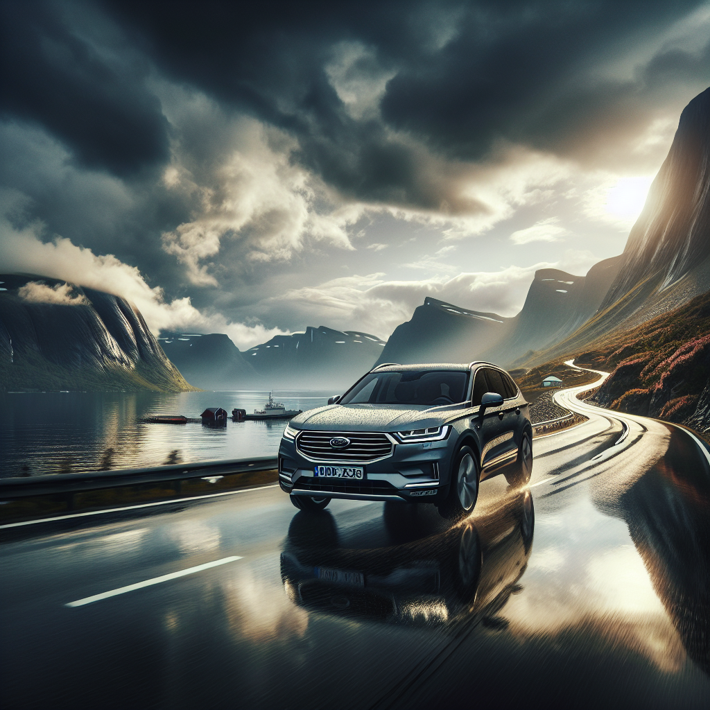 Norsk mellomklasse-SUV kjørende på svingete vei med fjell og fjord i bakgrunnen, vått speilblankt veiunderlag, dramatisk himmel, realistisk fotografisk stil
